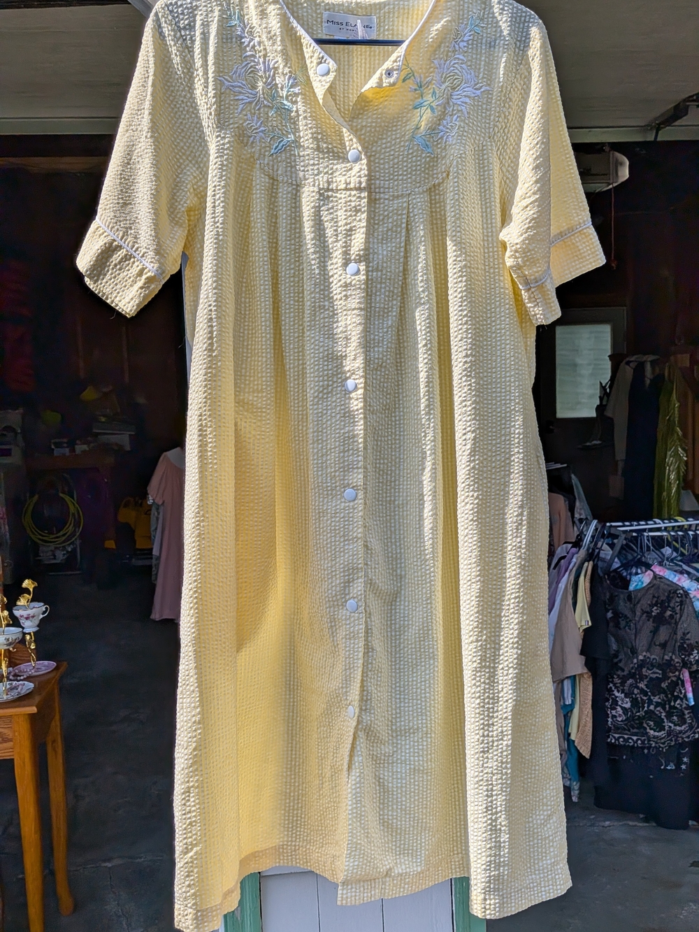 Miss Elaine Yellow Gingham House Coat Size M Embroidered